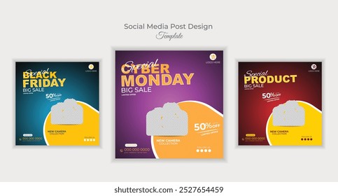 Black Friday, Cyber Monday and New Camera Product Sale Super Discount Social Media Post Design Template