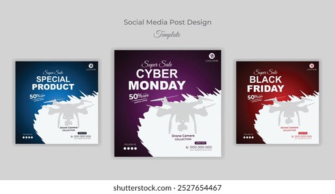 Black Friday, Cyber Monday and New Drone Camera Product Sale Super Discount Social Media Post Design Template