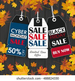 Black friday and cyber monday price stickers on the wooden background. Eps 10 vector file.