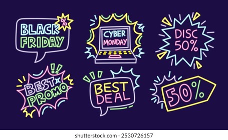 Iconos promocionales de Black Friday Cyber Monday con estilo retro de neón