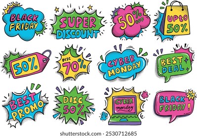 Black Friday Cyber Monday promotion retro bubble icons with pop art style