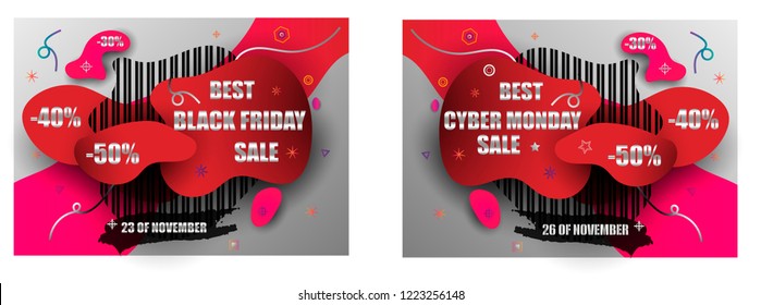 Black friday and cyber monday sale banners design. Abstract modern shape Price tags with discount. Red and black colors sticker design. High quality style vector illustration. 