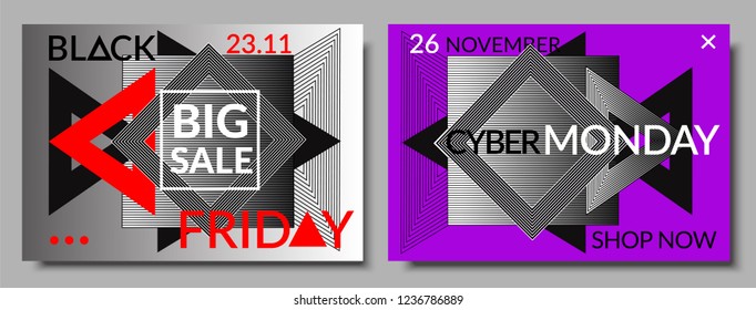 Black friday and cyber monday sale posters. Commercial discount event banner. Vector business illustration.