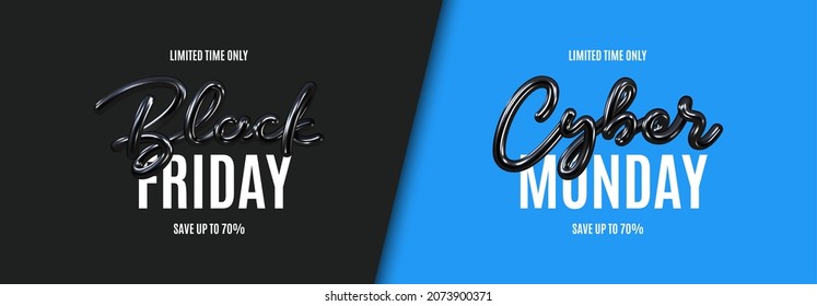 Black Friday and Cyber Monday Sale banner. Realistic 3d lettering. Black Friday and Cyber Monday lettering for decoration promotional discount event. Vector illustration for decoration sale banners.