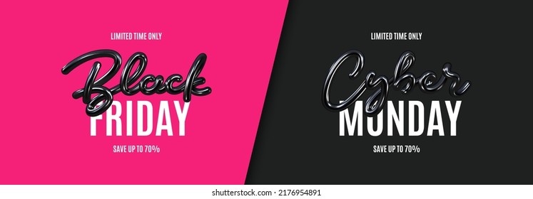 Black Friday and Cyber Monday Sale banner. Realistic 3d lettering. Black Friday and Cyber Monday lettering for decoration promotional discount event. Vector illustration for decoration sale banners.