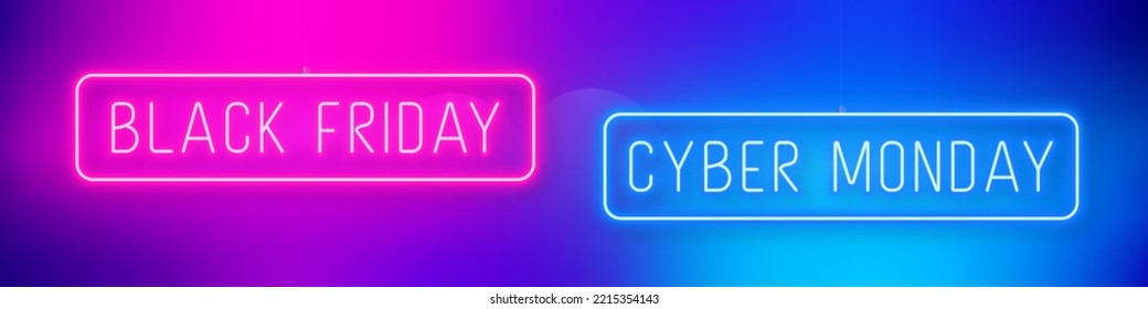 Black Friday and Cyber Monday Sale neon sign. Light banner, bright advertising. Design template for banner, web header, social media. 