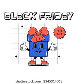 Black friday, cyber monday and sale. Cute character gift box with a face. Design for poster, banner and cover for kids clothes, shoes, toys and stationery. White background. Groovy style. Vector 