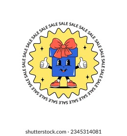 Black friday, cyber monday and sale. Cute character gift box with a face. Design for sticker, coupon and label for kids clothes, shoes, toys and stationery. White background. Groovy style. Vector