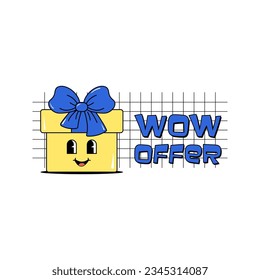 Black friday, cyber monday and sale. Cute character gift box with a face. Design for poster, banner and cover for kids clothes, shoes, toys and stationery. White background. Groovy style. Vector 