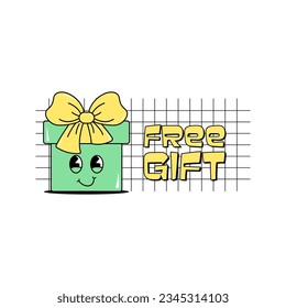 Black friday, cyber monday and sale. Cute character gift box with a face. Design for poster, banner and cover for kids clothes, shoes, toys and stationery. White background. Groovy style. Vector