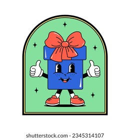 Black friday, cyber monday and sale. Cute character gift box with a face. Design for sticker, coupon and label for kids clothes, shoes, toys and stationery. White background. Groovy style. Vector