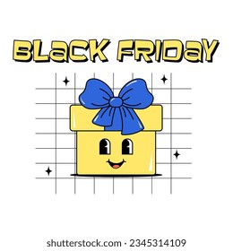 Black friday, cyber monday and sale. Cute character gift box with a face. Design for poster, banner and cover for kids clothes, shoes, toys and stationery. White background. Groovy style. Vector 