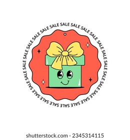 Black friday, cyber monday and sale. Cute character gift box with a face. Design for sticker, coupon and label for kids clothes, shoes, toys and stationery. White background. Groovy style. Vector