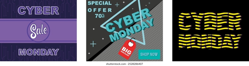 Black friday cyber monday sale. Cyber Monday sale for business promotion. Cyber Monday promo events on e-commerce platforms, marketplaces. Set flat vector modern illustration 