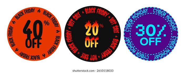 Black Friday And Cyber Monday Sale Stickers With 20, 30, 40 percent Off In Bold Typography And Circular Badge Style. Vector Illustration.