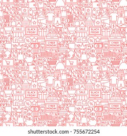 Black Friday Cyber Monday Seamless Pattern. Vector Illustration of Sale Outline Background.
