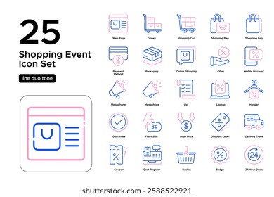 Black Friday and Cyber Monday Shopping. Best Deals, E-commerce, and Promotions. Vector Illustration. Oultine duo tone icon set