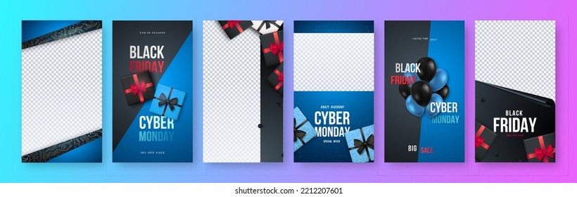 Black Friday and Cyber Monday Stories template. Set of 6 Sale vertical banner. Design template for social networks, social media, poster.