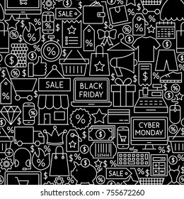 Black Friday Cyber Monday Tile Pattern. Vector Illustration of Sale Outline Background.