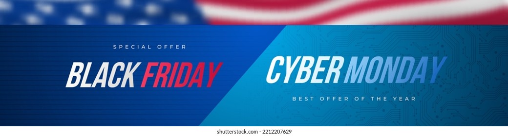 Black Friday, Cyber Monday USA banner. Text on blue background and blurred US flag. Universal vector template for discount promo offer or advertising store in social media.