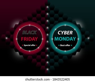 Black Friday and Cyber Monday vector banner with polygons, lights, lamps and emblems