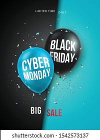 Black Friday and Cyber Monday vertical banner. Vector design template for brochure, flyer, poster and social network. 3d realistick black and blue balloons.