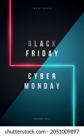 Black Friday and Cyber Monday vertical banner. Red and Blue neon led lamps on dark background with text space. Stock vector illustration.