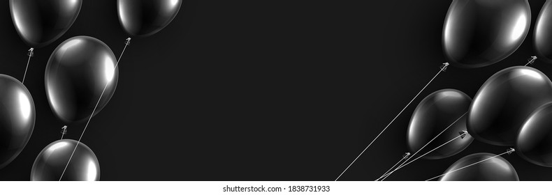 Black friday dark background with black balloons with threads. Space for text. Vector illustration.