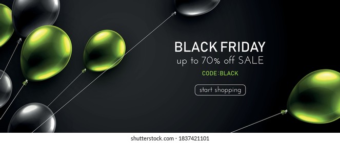Black friday dark background with black and green foil balloons. Web site template design. Online shopping. Vector illustration.