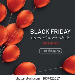 El viernes negro de fondo oscuro con globos rojos. Diseño de plantillas de sitio Web. Compras en línea. Ilustración vectorial.