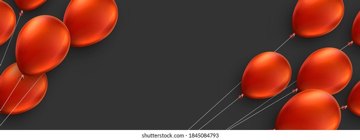 Black friday dark background with red balloons with threads. Space for text. Vector illustration.