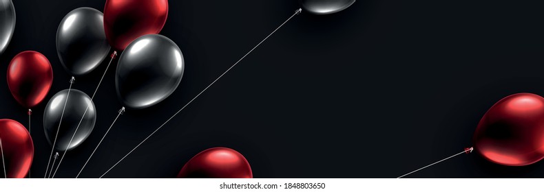 Black friday dark background with black and red foil balloons. Space for text. Vector illustration.