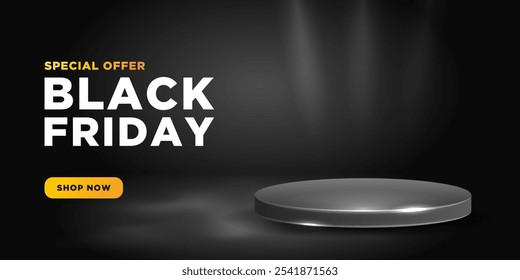 Black Friday dark banner with three-dimensional podium.