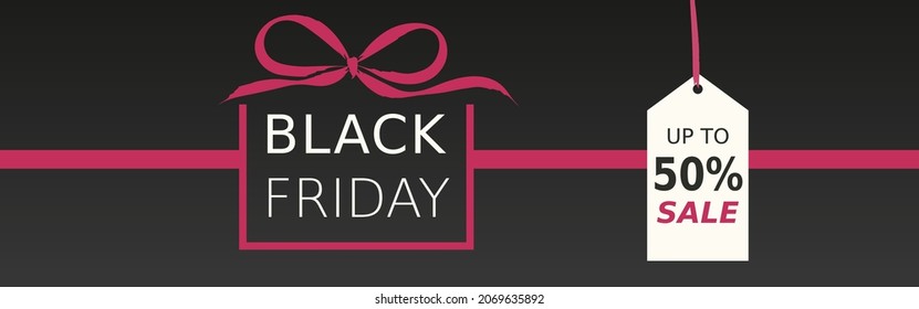 Banner horizontal del viernes negro con caja de regalo con cinta y etiqueta con el texto Hasta el 50% de venta. El estilo es plano y el diseño es minimalista. Vectorizado. Color negro, blanco y rosa.