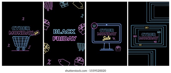 Black Friday deal. Cyber Monday Sale. Online shopping , internet ads in neon style. E-commerce. Slashing price. Set of promotional banners