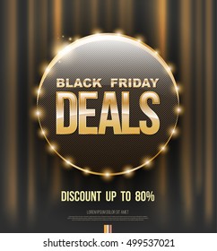 Black Friday deals poster design circle banner on mesh background and gold text. Vector illustration.