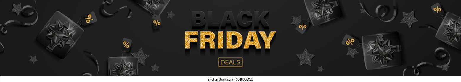 Black Friday Deals Sale Banner Header  With Gift Boxes Illustration Vector, Gold And Black Design