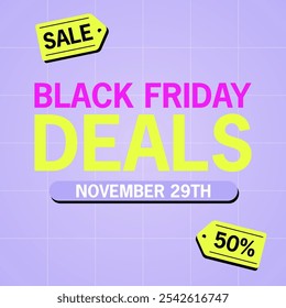 El Black Friday ofrece Plantilla de Vector cuadrado. Rebajas, 50% de descuento. Ilustración abstracta brillante futurista con fondo de cuadrícula, texto, fecha y etiquetas.