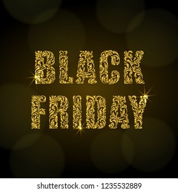 Black Friday. Decorative Font made of swirls and floral elements. Golden text with sparks and bokeh on a dark background.