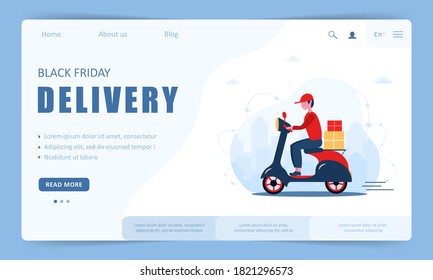 Black friday delivery. Landing page template. Scooter with fast courier. Modern vector illustration in flat cartoon style.