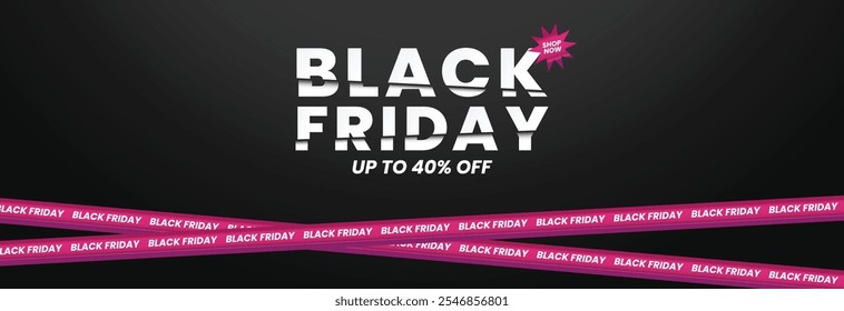 Black Friday design featuring a dark background and a pink ribbon element. Perfect for modern advertising across web, banners, posters, and more.