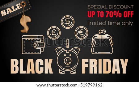 Black Friday design. Golden coins. Currency symbols - dollar, euro, pound sterling. Special discount. Special offer. Limited time only. Vector illustration