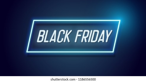 Design Black Friday com moldura de luz de néon. Fundo vetorial para evento de venda sazonal de novembro com texto brilhante