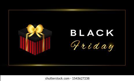 Black Friday design on black isolated background. Dark gift box with red strips, golden ribbon, bow. Gold shiny frame and lettering. 3d illustration.