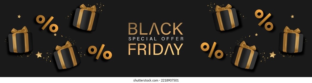 Black Friday Design Poster with 3D Realistic Black Gift Box Vector Illustration. Suitable for Poster, Banner,Sale Banner, Web Header, Flyer and Promotional Tag. 