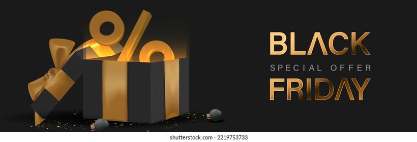 Black Friday Design Poster with 3D Realistic Black Gift Box Vector Illustration. Suitable for Poster, Banner,Sale Banner, Web Header, Flyer and Promotional Tag. 