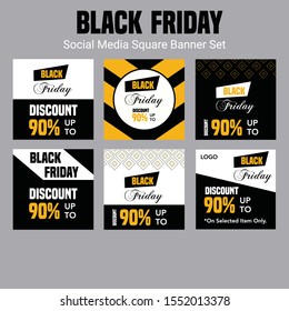 Black Friday design, sale, discount, advertising, marketing price tag. Clothes, furnishings, cars, food sale. Black Friday Sale set of square posters or flyers design with yellow and black pattern.