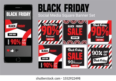 Black Friday design, sale, discount, advertising, marketing price tag. Clothes, furnishings, cars, food sale. Black Friday Sale set of square posters or flyers design with yellow and black pattern.