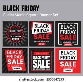 Black Friday design, sale, discount, advertising, marketing price tag. Clothes, furnishings, cars, food sale. Black Friday Sale set of square posters or flyers design with yellow and black pattern.