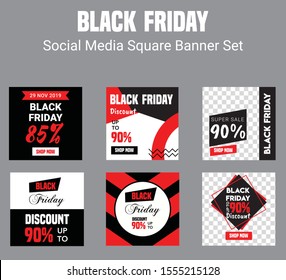 Black Friday design, sale, discount, advertising, marketing price tag. Clothes, furnishings, cars, food sale. Black Friday Sale set of square posters or flyers design with red and black pattern.